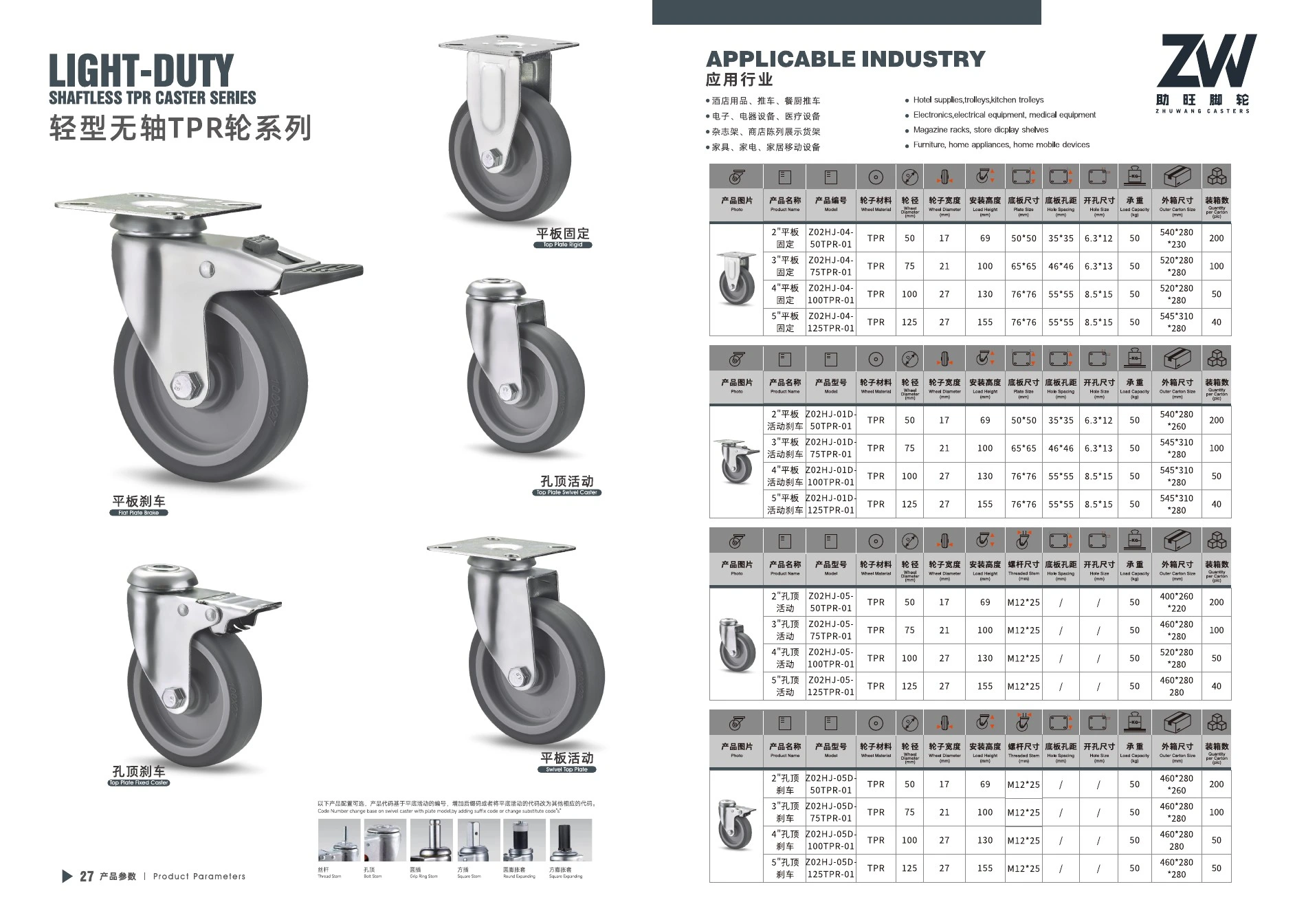 Final product catalog PDF page 18: Light-Duty Shaftless TPR Casters