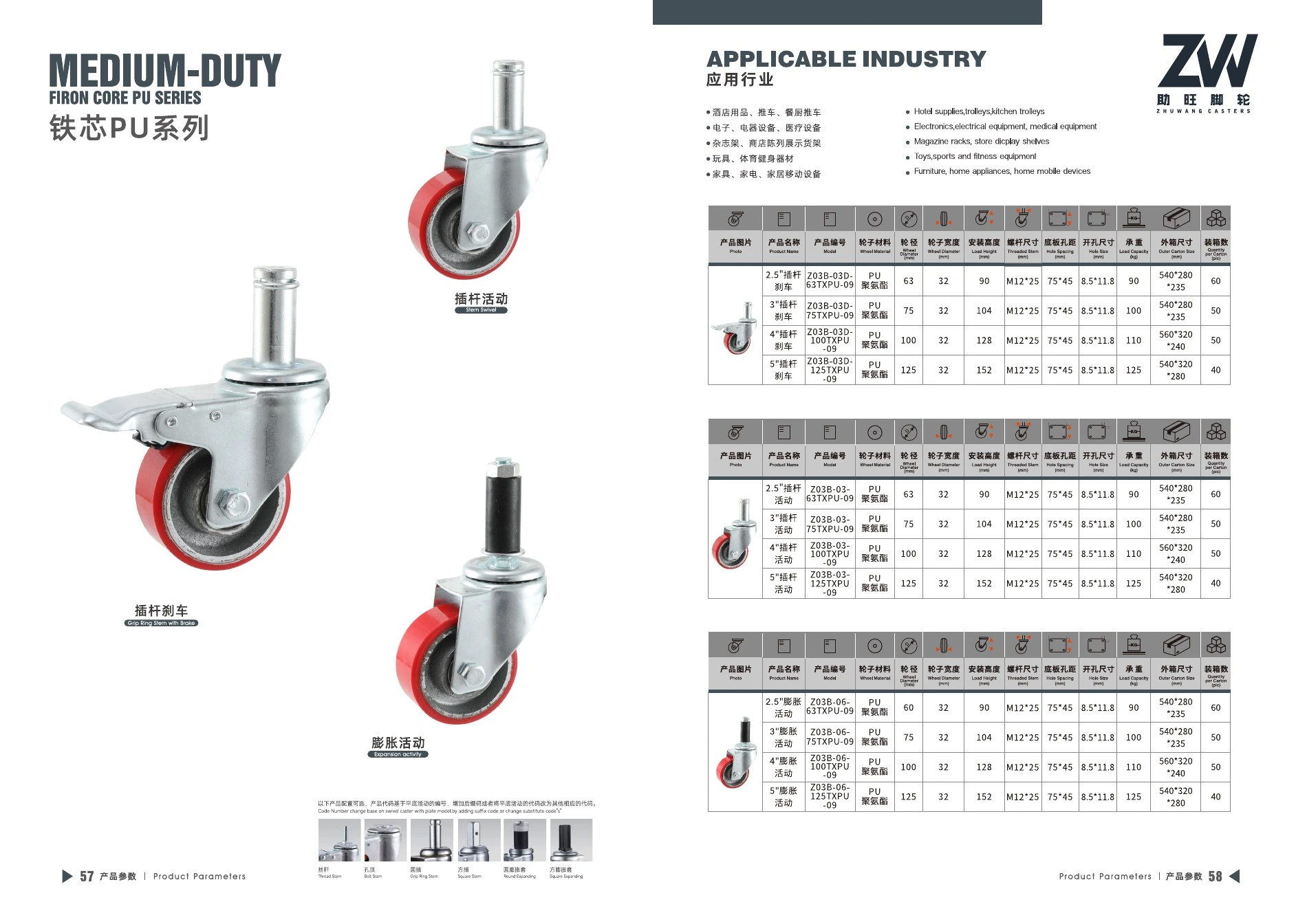 Final product catalog PDF page 31: Medium-Duty Iron-Core PU Casters