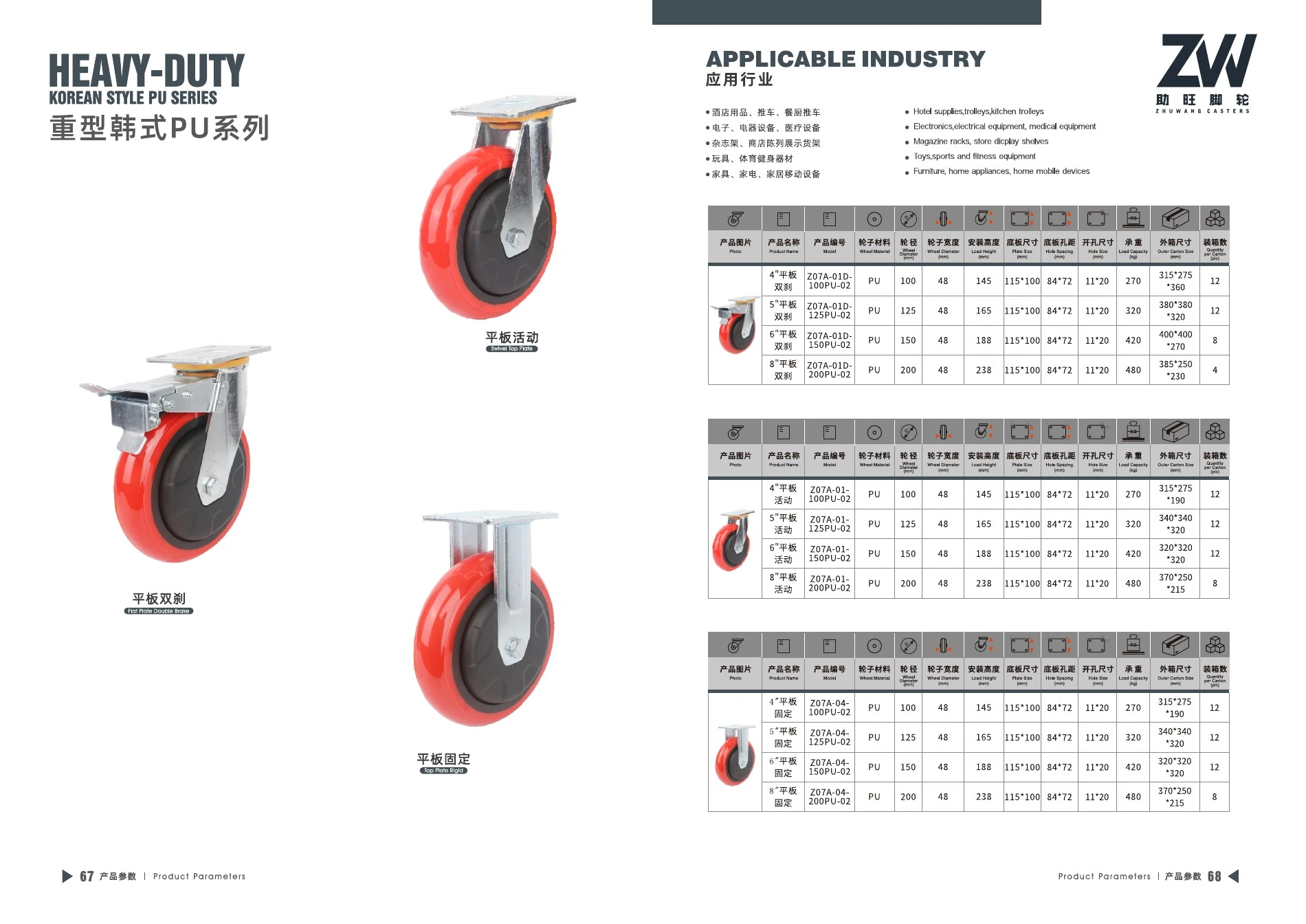 Final product catalog PDF page 35: Heavy-Duty Korean-Style PU Casters