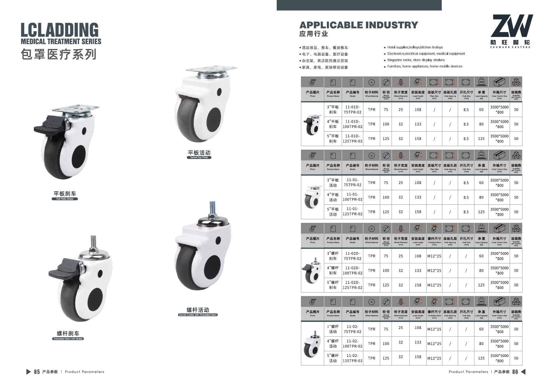 Final product catalog PDF page 44: Enclosed Medical TPR Casters